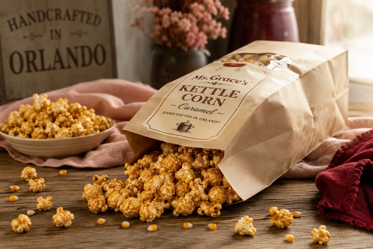 A kraft bag of Ms. Grace's caramel kettle corn spilling onto a rustic wooden table beside a Handcrafted in Orlando, Florida sign